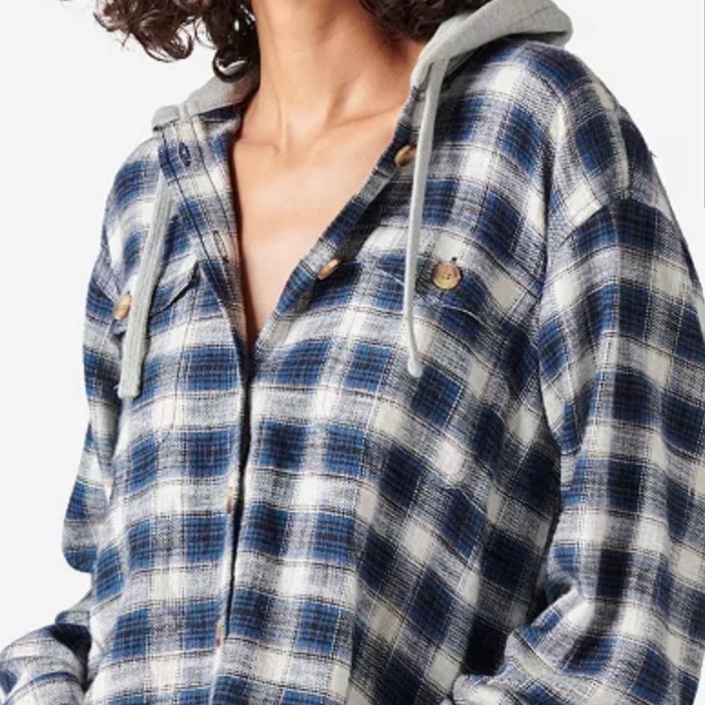 Lucky Brand Blue Plaid Cropped Hoodie Sz Small